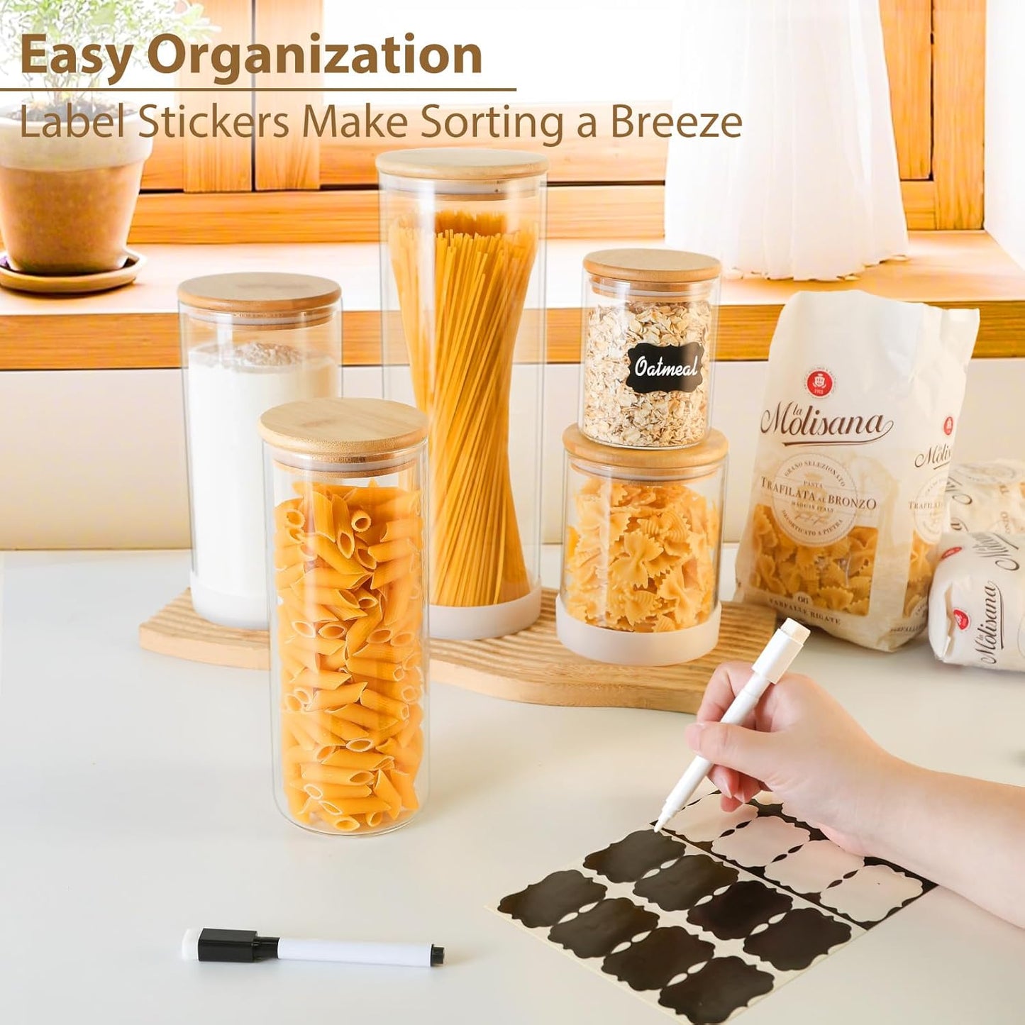 34oz Round Glass Storage Containers with Bamboo Lids – 6 Pack Clear Food Airtight Glass Jars for Pantry Organizers and Storage, Kitchen Dry Food, Flour, Cereal, Coffee Beans & Staples