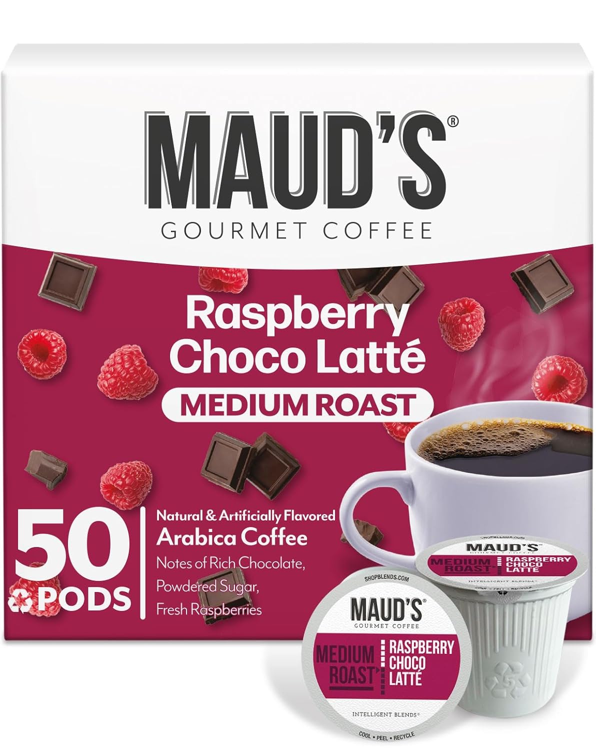 Maud's Raspberry Chocolate Flavored Coffee Pods, 50 ct, Medium Roast Flavored Coffee in Recyclable Single Serve Pods – 100% Arabica Beans, Compatible with Keurig K Cups Maker