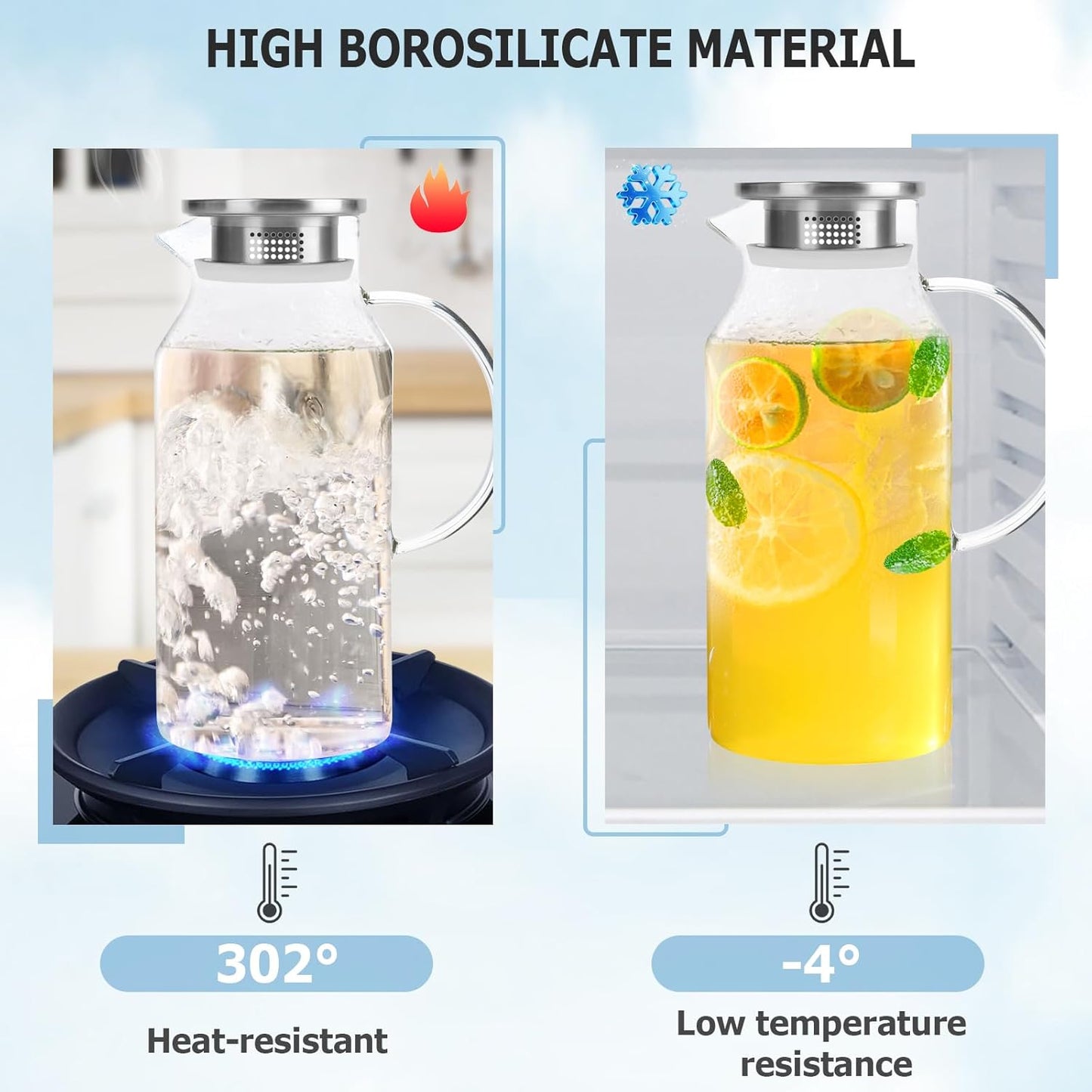 Yirilan Glass Pitcher, 2.6 Liter Water Pitcher with Lid, Large Juice Pitchers for Drinks, Glass Water Carafe, Glass Tea Jug, Beverage Pitchers