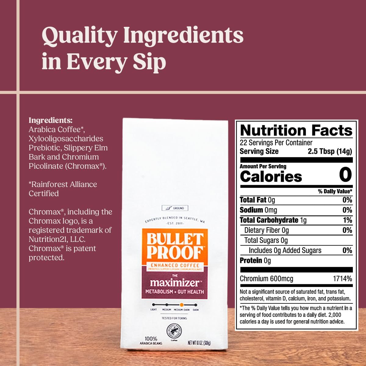 Bulletproof The Maximizer Ground Coffee, 10 Ounces, Clean Coffee with Prebiotics, Metabolism and Gut Health Support, Packaging May Vary