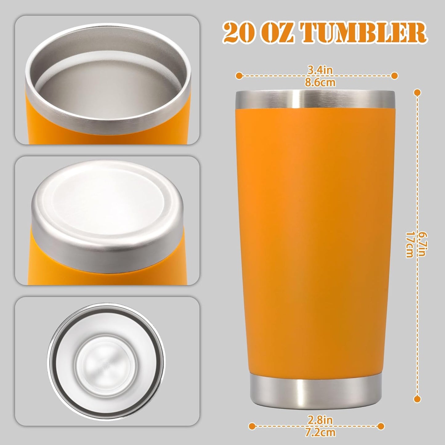 20 oz Tumbler with lid Double Wall Vacuum Insulated Tumblers Stainless Steel Coffee Mug Travel Coffee Tumbler Powder Coated Tumbler Cup Keep Hot&Cold - (Orange 6 Pack)