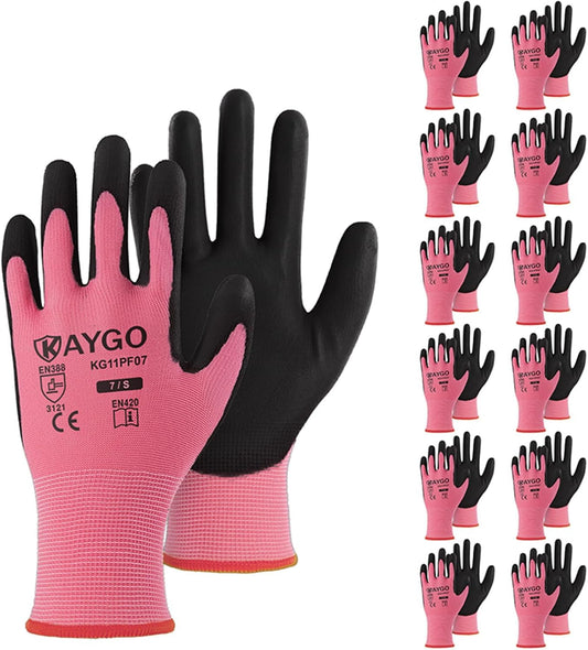 KAYGO Safety Work Gloves PU Coated, 12 Pairs KG11P Seamless Knit Glove with Polyurethane Coated Smooth Grip on Palm & Fingers, for Men and Women, Ideal for General Duty Work, Pink,Small