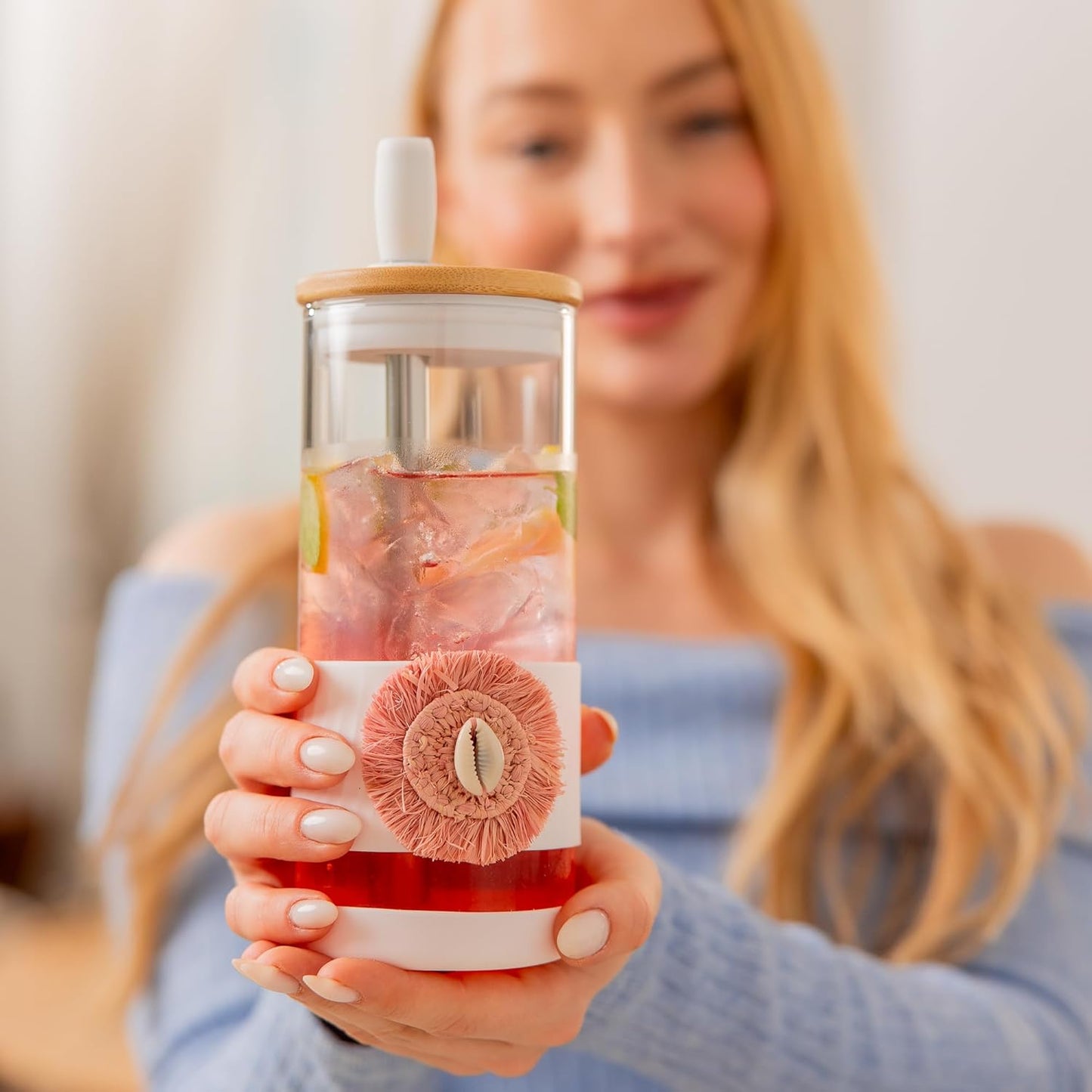 Pandaloo® Glass Cups With Lids and Straws -20 Fl Oz- Perfect Size Iced Coffee Cup - Smoothie Cup With Bamboo Lid and On the go Lid (Ethnic chic-Pink Powder, 1 Count (Pack of 1))