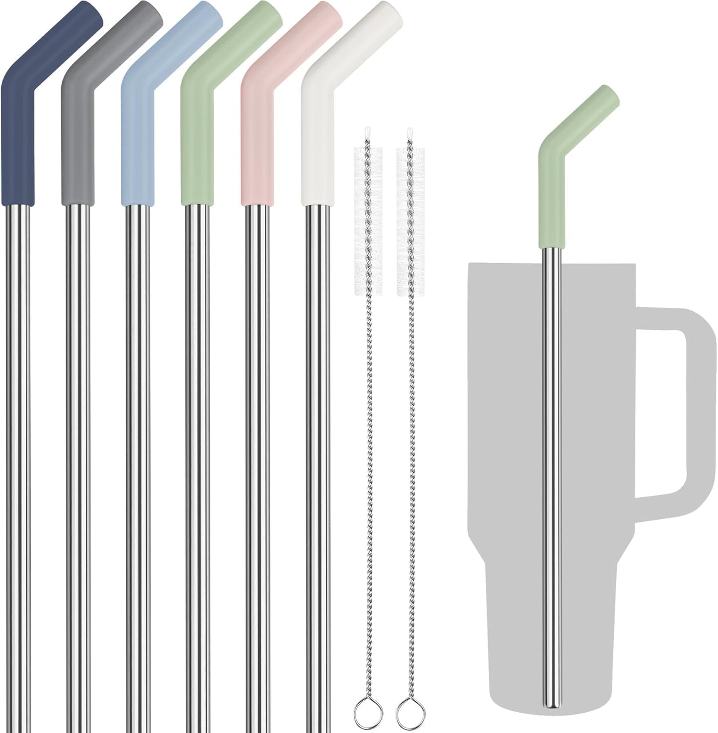 Tomorotec 6-Pack Morandi Colors Silicone Tip Stainless Steel Straws for 40oz Stanley Tumblers with 2 Cleaning Brushes, BPA-Free 13" Long Healthy & Safe for Outdoor & Home Use, Enhances Drink Enjoyment