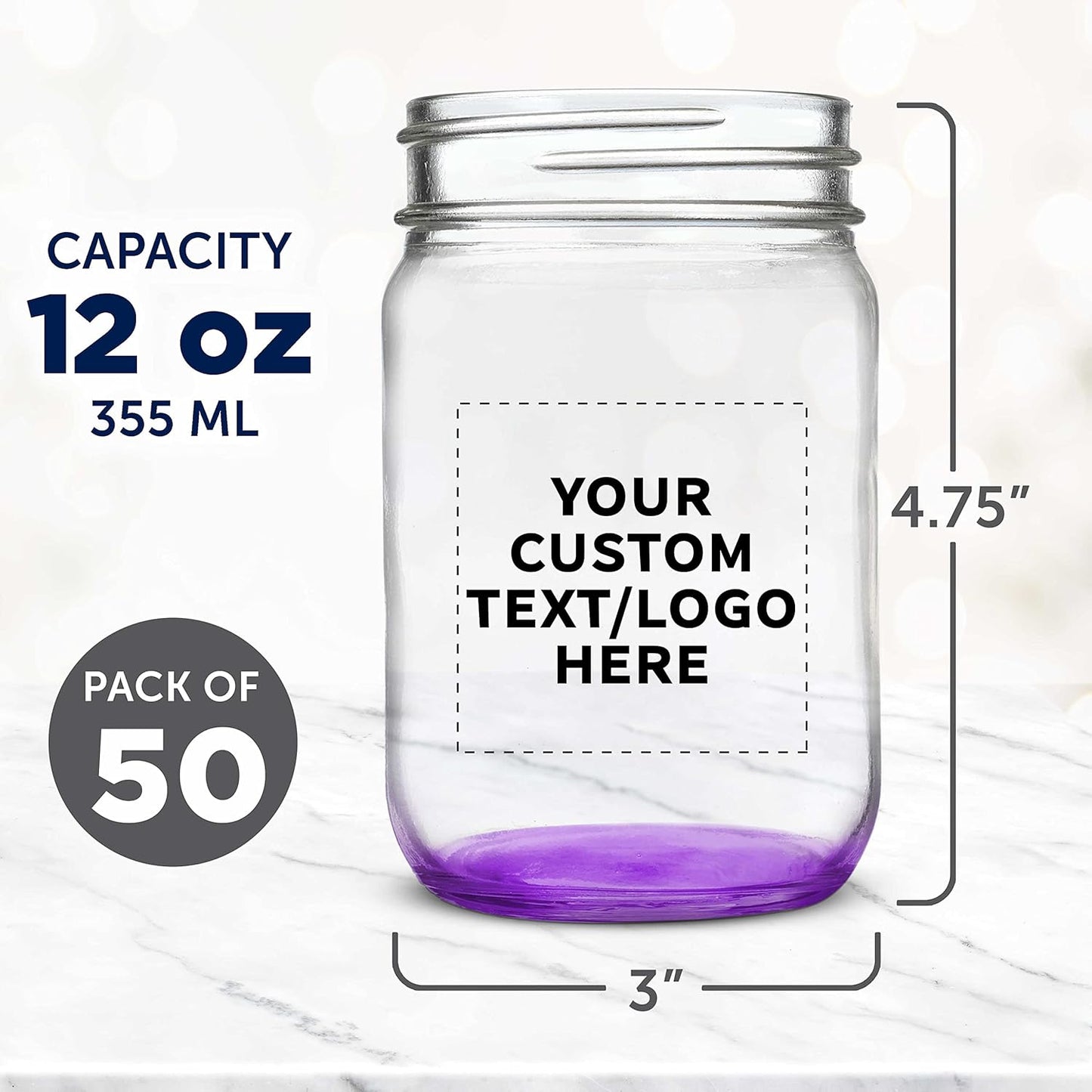 DISCOUNT PROMOS Custom Decorating Mason Jars 12 oz. Set of 50, Personalized Bulk Pack - Glass Jars for Overnight Oats, Candies, Fruits, Pickles, Spices, Beverages - Purple