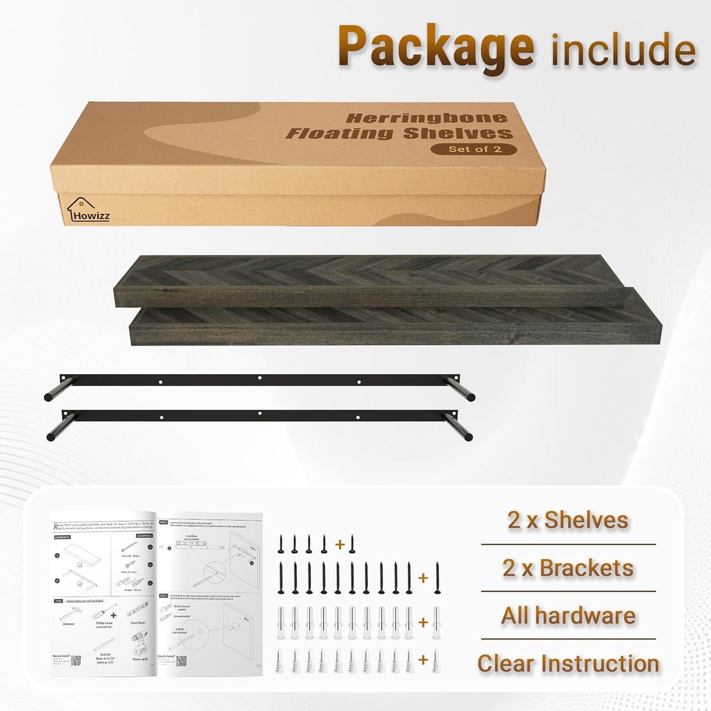 48" Rustic Farmhouse Floating Shelves – Set of 2 Acacia Wood Shelves for Stylish Wall Decor in Kitchen, Bathroom, Unique Chevron Pattern, Mocha Color, 48x8x1.5 Inches - Set of 2 - DIY