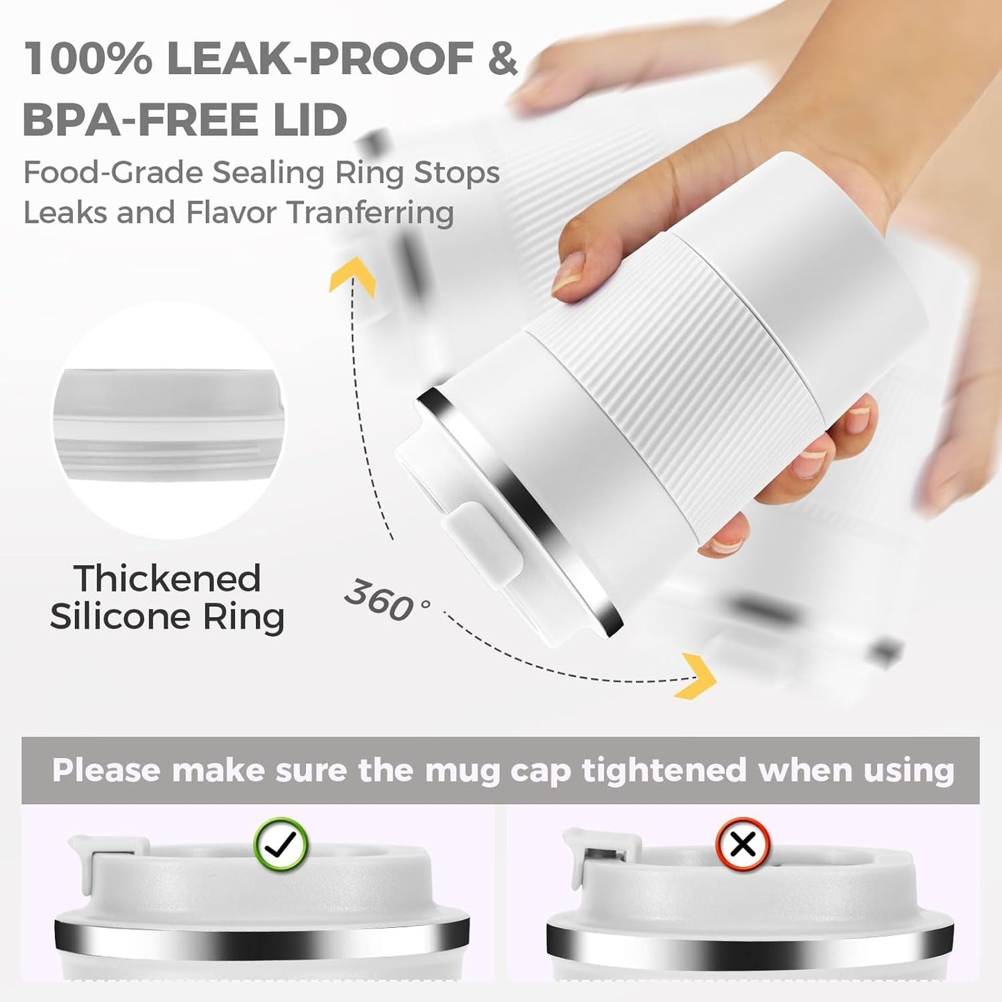 Volhoply 13 oz Stainless Steel Insulated Travel Coffee Mug with Fip Lid,Reusable Double Wall Vacuum Metal Coffee Cup,Portable to Go Leak Proof Cafe Thermal Tumbler for Hot & Cold Drinks(White,1)