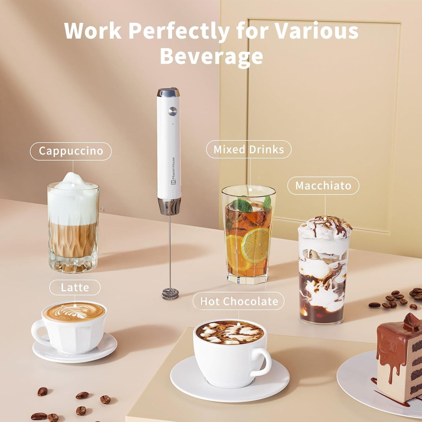 Maestri House Rechargeable Milk Frother, LunaFro NS Handheld Electric Foam Maker Waterproof Detachable Stainless Steel Whisk Drink Mixer Foamer for Lattes, Cappuccino, No Stand