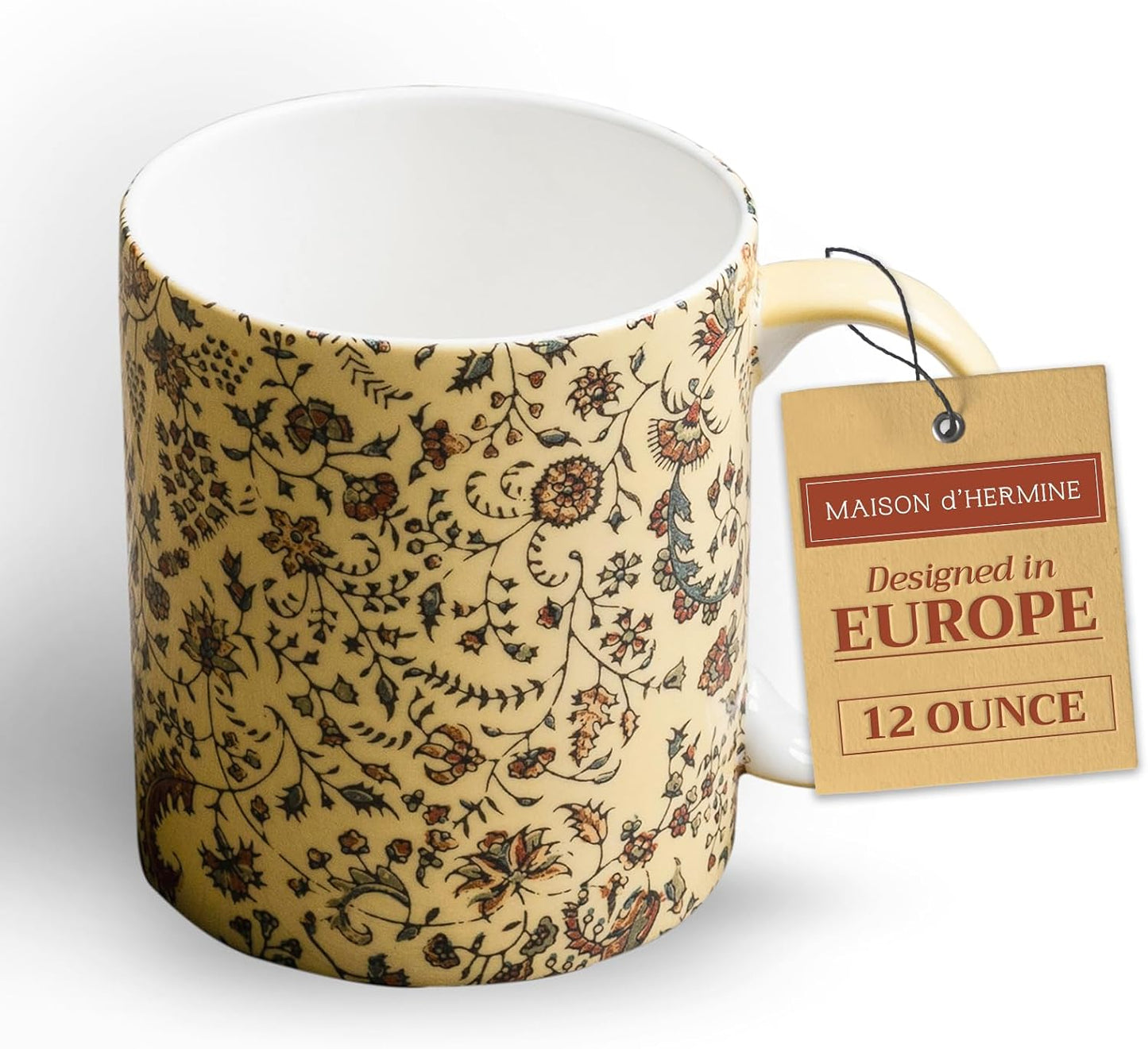 Maison d' Hermine Coffee Mug with Handles Fine Bone China Mugs Pack of One Tea Cups for Hot Beverages Cappuccino Latte Home Restaurant Office Perfect for Gift (Lakshmi - Daya, 12 Ounce)