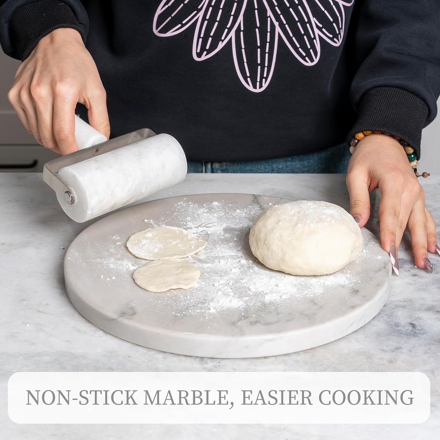 Koville Brazilian Natural Marble Cutting Board for Kitchen, 11inch Round Hand Crafted Marble Slab for Cheese, Charcuterie, Pastry Board - Wedding Gift, House Warming Gift(White Macaubas)