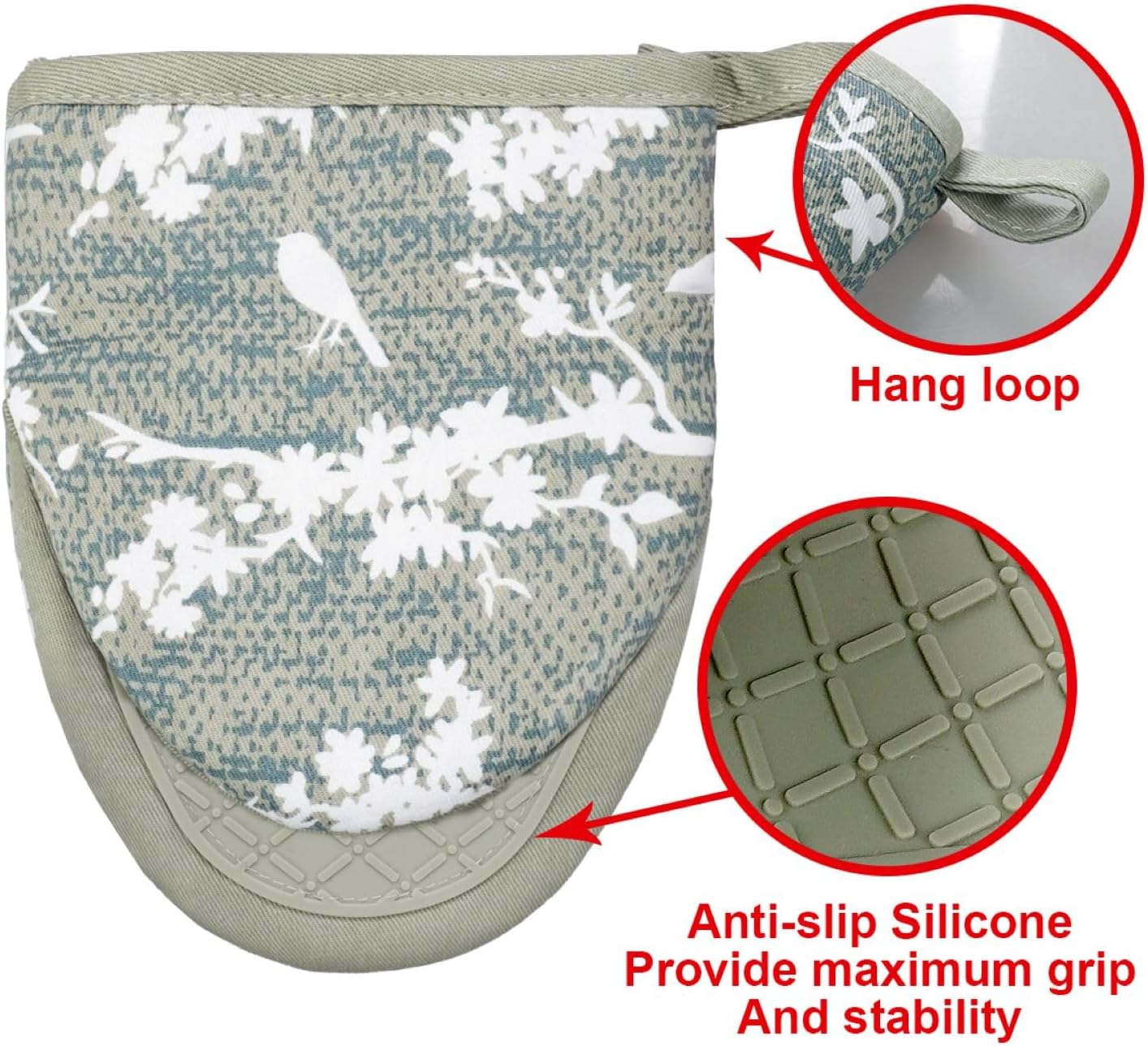 Mini Silicone Oven Mitts, Heat and Slip Resistant Kitchen Gloves 2-Pack Set, Birds Flower Soft Short Oven Mittens, Flexible Thick Pot Holders for Safe Cooking Baking and Grilling (Mini, Aqua)