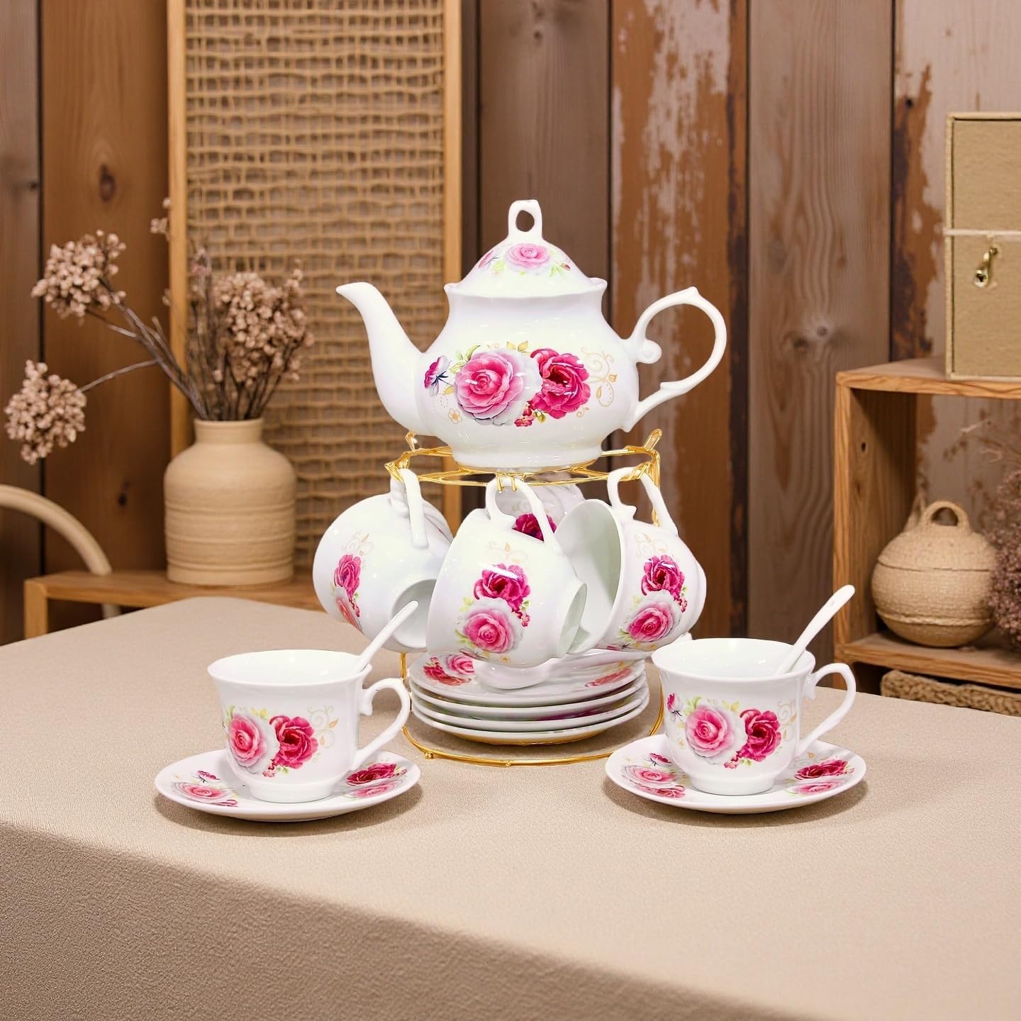 20-Pieces Porcelain Tea Sets For Women, Tea Set For Adult with Golden Metal Rack,Tea Gift Sets for Home&Party(014)