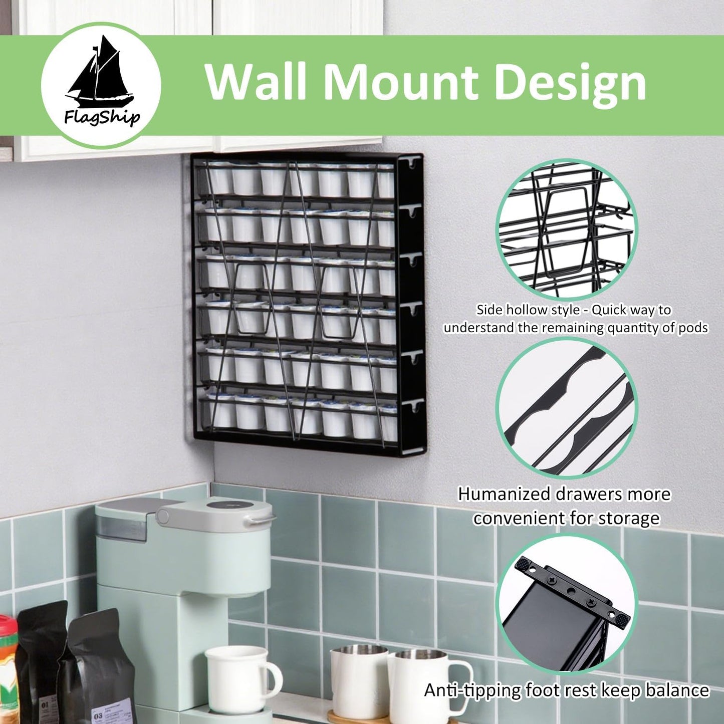 FlagShip 6-Tier Coffee Pod Holder for K Cup - 42 Capsule Max Capacity Metal Rack, Ultra-Efficient Corner Storage Space Saving Design