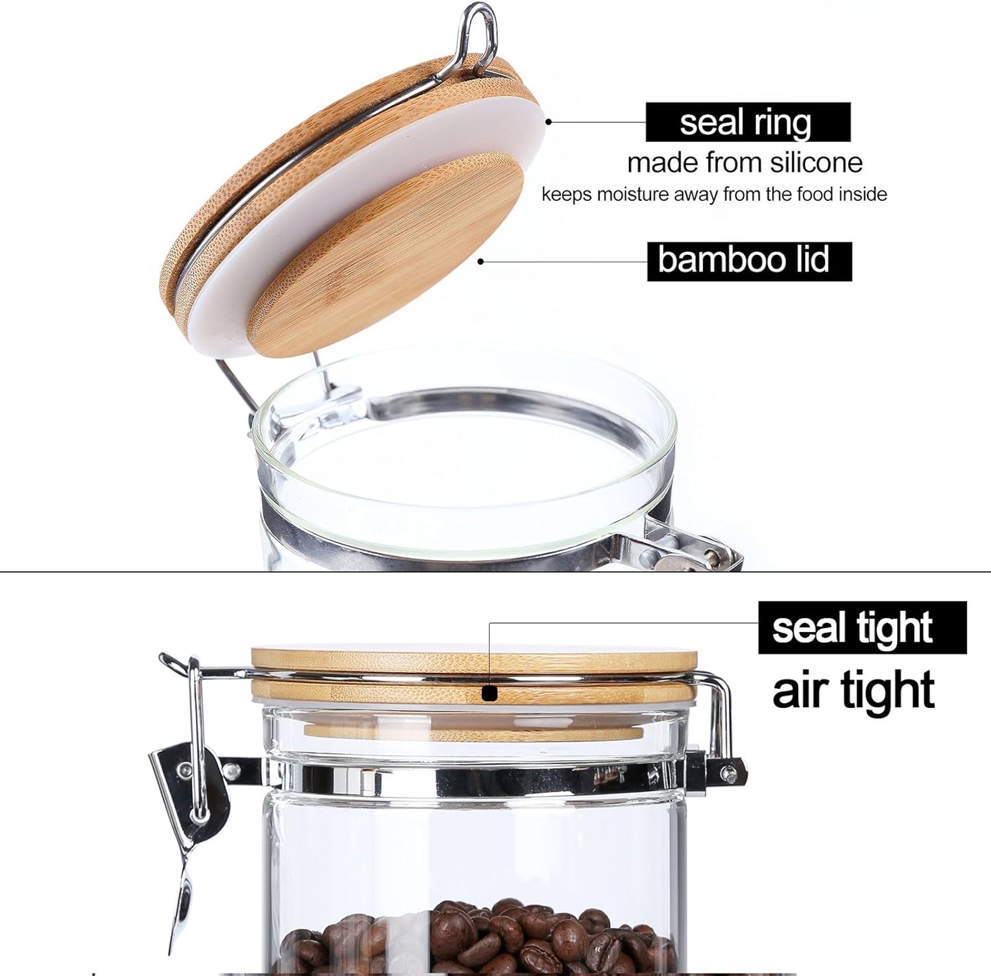 KKC HOME ACCENTS Borosilicate Glass Sealed Jars with Airtight Lid, Airtight Glass Food Storage Container with Locking Clamp Bamboo Lid for Loose Tea,Sugar,Cocoa,Coffee Canister,27 fl oz