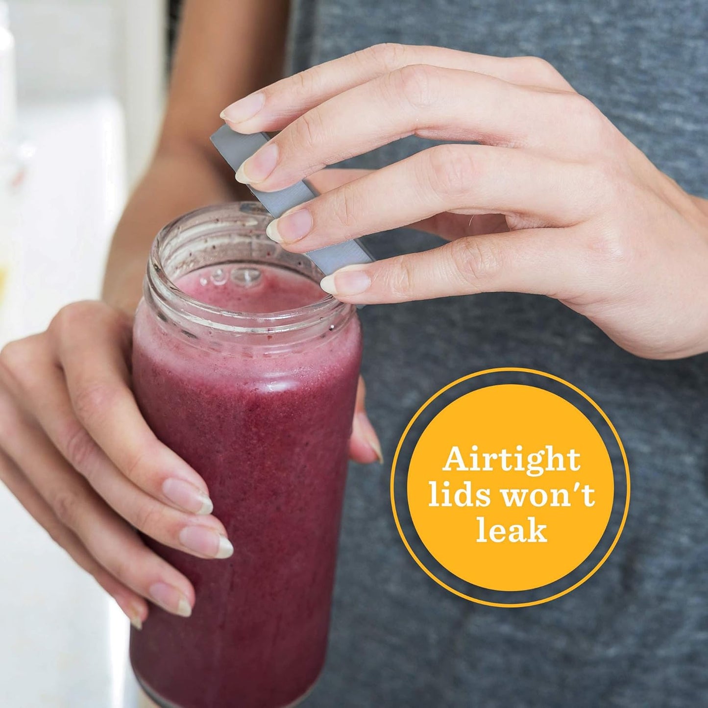 All About Juicing Clear Glass Water Bottles Set - 6 Pack Wide Mouth with Lids for Juice, Smoothies, Beverage Storage - 16 oz, Durable, Reusable, Dishwasher Safe, Leak Proof (Grey Caps)