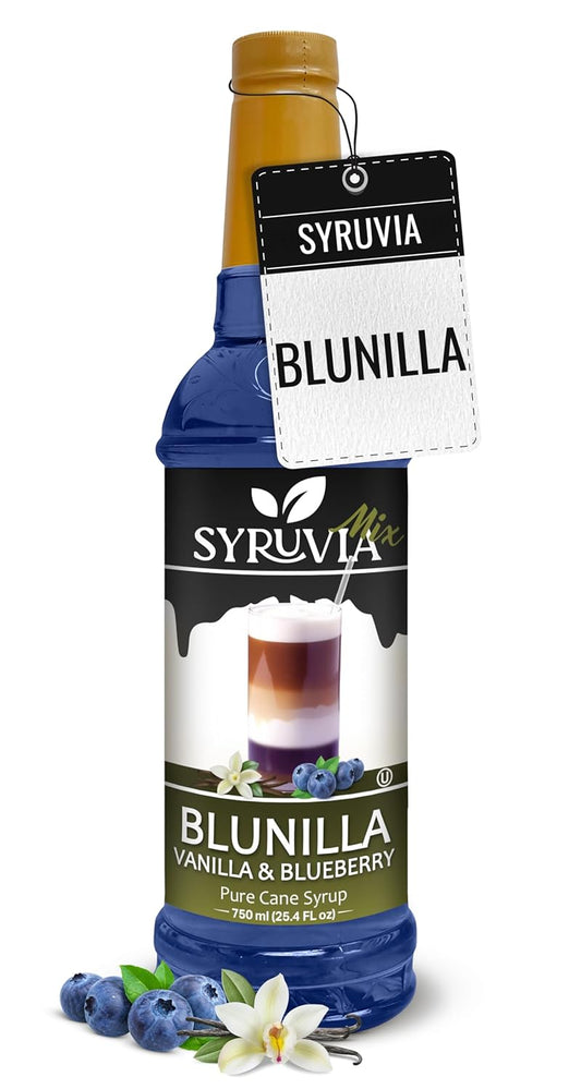 Syruvia BLUNILLA Coffee Syrup Vanilla Blueberry - 25.4 fl oz - Kosher Syrups, Gluten Free, No Coloring, Perfect for Drinks, Soda, Shakes, Desserts, and More.