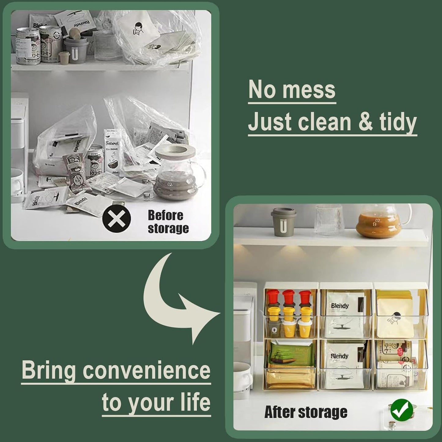 K Cup Holder, Large Capacity Tea Bag Organizer with 2 Drawers, Clear Coffee Pod Storage for Creamer, Sugar, Snack, Stationery, Cookies, Hair Tie - Green