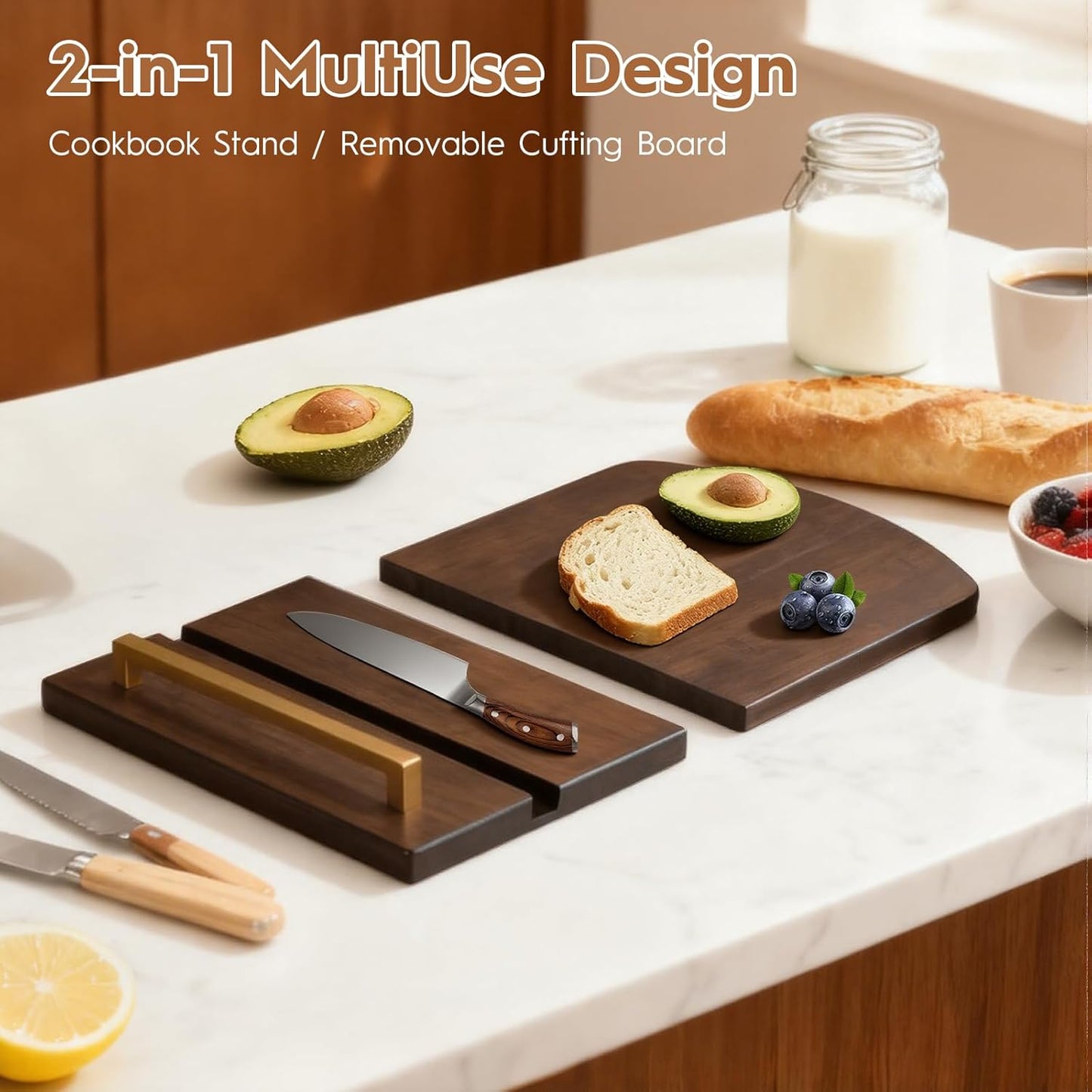 Beautiful Cookbook Stand with Removable Cutting Board,2 in 1 Bamboo Recipe Book Holder,Charcuterie Board & Kitchen Serving Tray,Durable Cook Book Holder Stand Easily Keeps Cook or Recipe Books Open