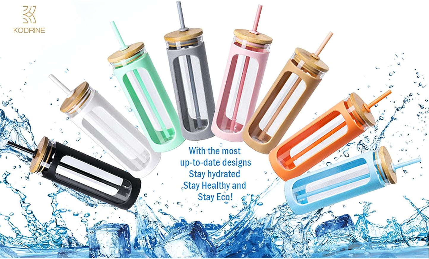 Kodrine 20oz Glass Tumbler with Straw and Lid, Bamboo Lids Water Bottle, Reusable Iced Coffee Cups, Wide Mouth Smoothie Cup with Protective Silicone Sleeve BPA FREE-Amber-2pack