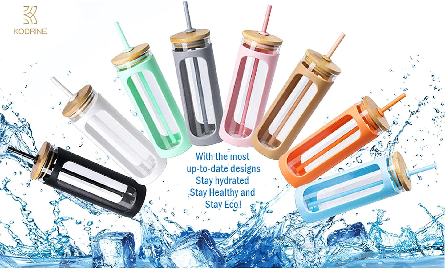 Kodrine 20oz Glass Tumbler with Straw and Lid, Bamboo Lids Water Bottle, Reusable Iced Coffee Cups, Wide Mouth Smoothie Cup with Protective Silicone Sleeve BPA FREE-White-2pack