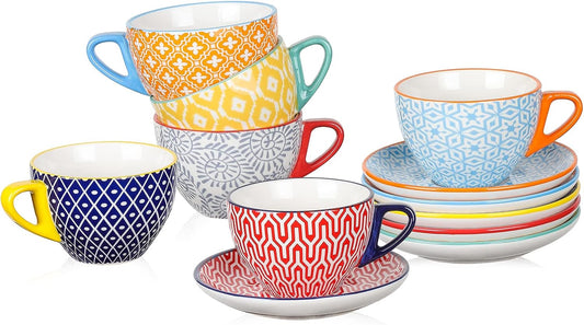 Selamica Ceramic 8 oz Cappuccino Cup Set with Saucers, Espresso Coffee Cups, Latte Macchiato for Party Cafe Home, Set of 6, Assorted Colors