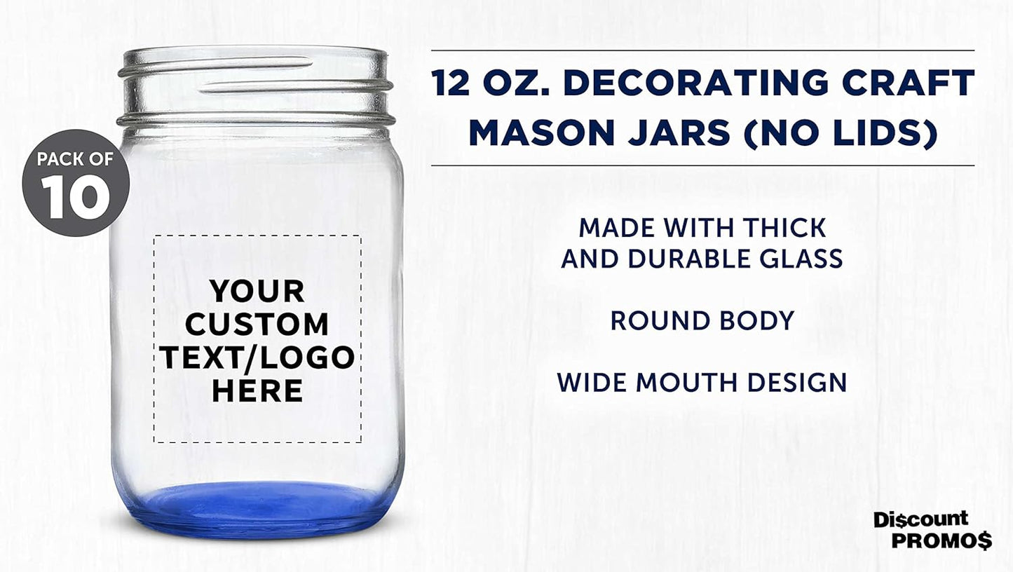 DISCOUNT PROMOS Custom Decorating Mason Jars 12 oz. Set of 10, Personalized Bulk Pack - Glass Jars for Overnight Oats, Candies, Fruits, Pickles, Spices, Beverages - Blue