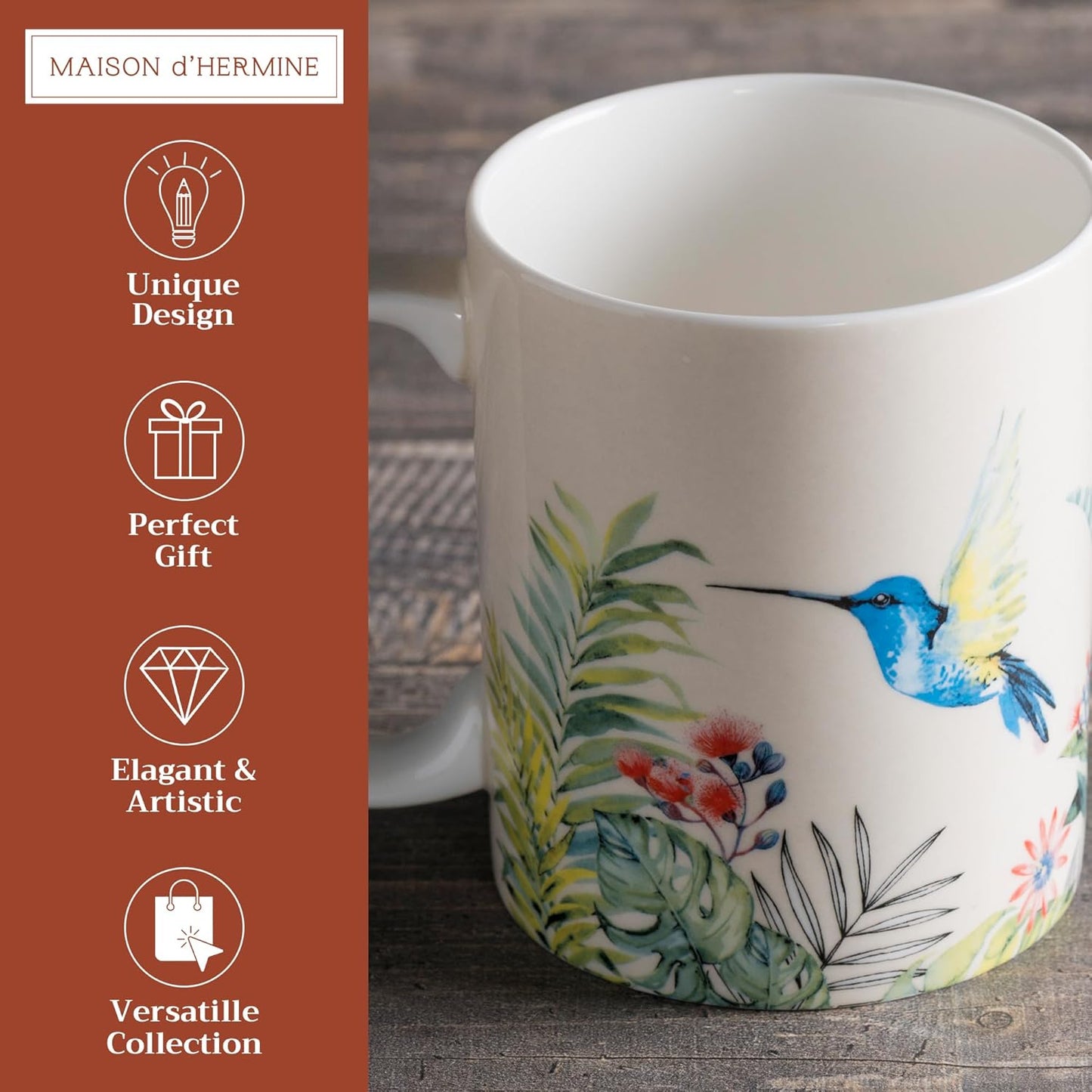 Maison d' Hermine Coffee Mug with Handles Fine Bone China Mugs Pack of One Tea Cups for Hot Beverages Cappuccino Latte Home Restaurant Office Perfect for Gift (Tropiques - Hummingbird, 15 Ounce)