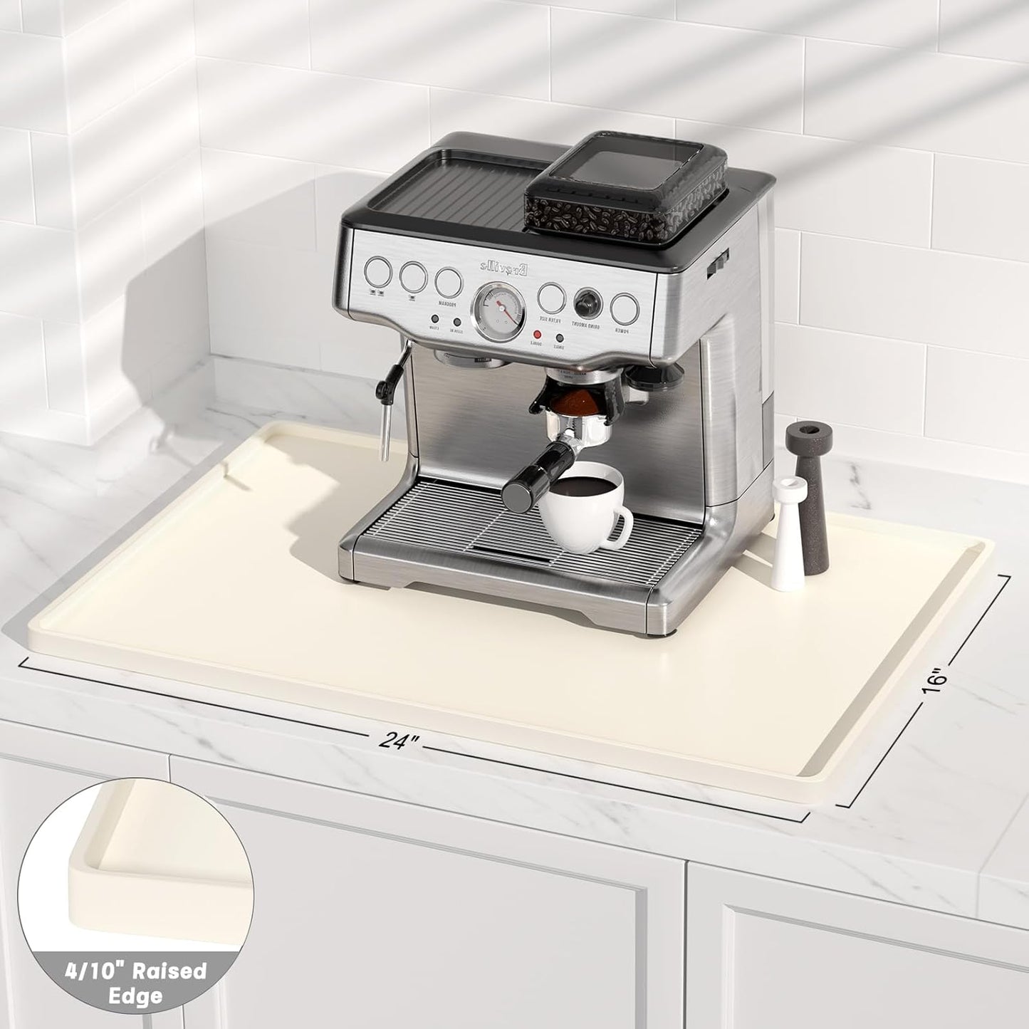 Rnivvi Silicone Coffee Mat, 16" x 24" Waterproof Raised Edge Coffee Bar Mats for Espresso Machine Station Accessories, Heat Resistant Dish Drying Pad for Kitchen Counter, Rubber Bar Decor Pad, Beige