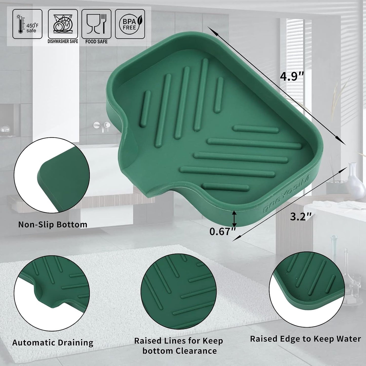 Silicone Bathroom Soap Dishes with Drain Spout-Bathroom and Kitchen Sink Organizer,Sponge Holder,Dish Soap Tray,Perfect for Dispenser,Scrubber,Bottle,Cup on Sink or Counter-Green 4.9"×3.2"