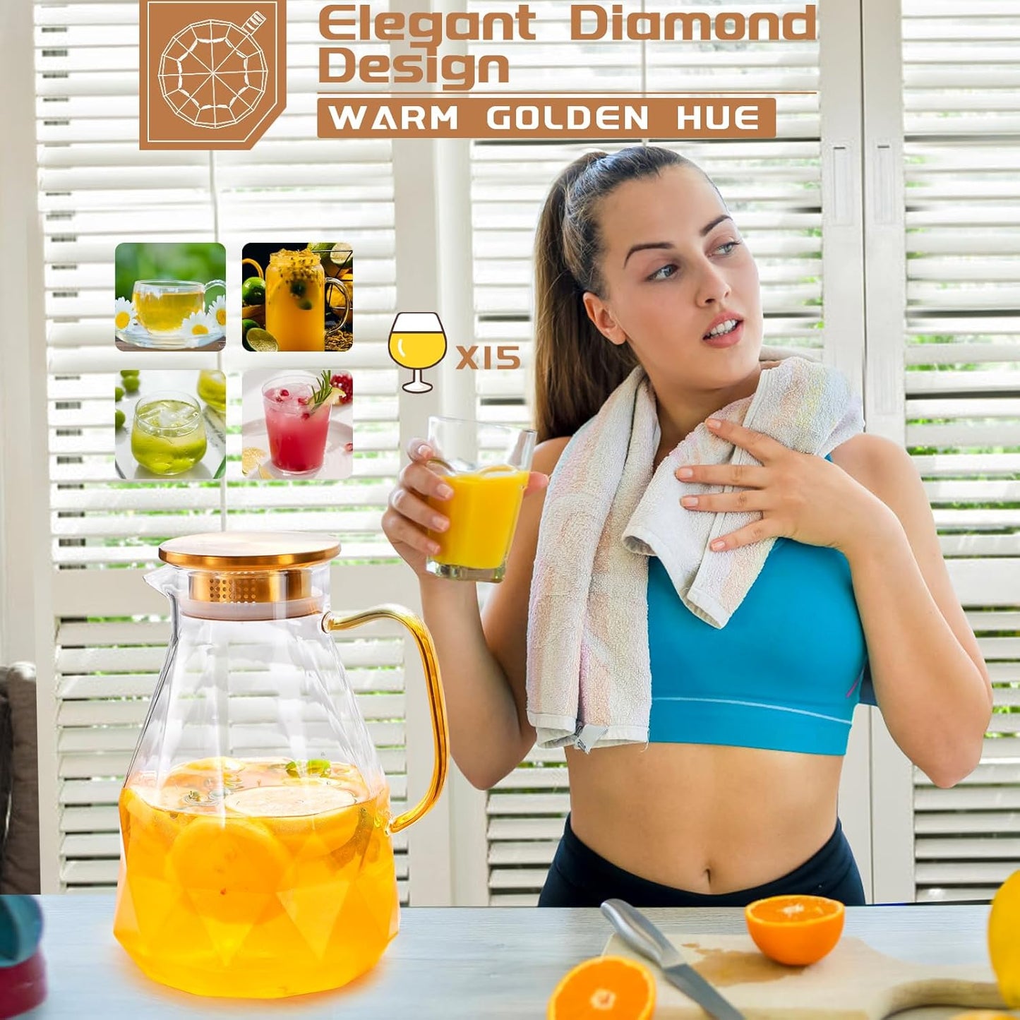 Yirilan 2.8 Liter Glass Pitcher with Lid, Transparent, Thermal Shock Resistant, Microwave Safe, Natural, 2.8L, Round, 6x12 Inches