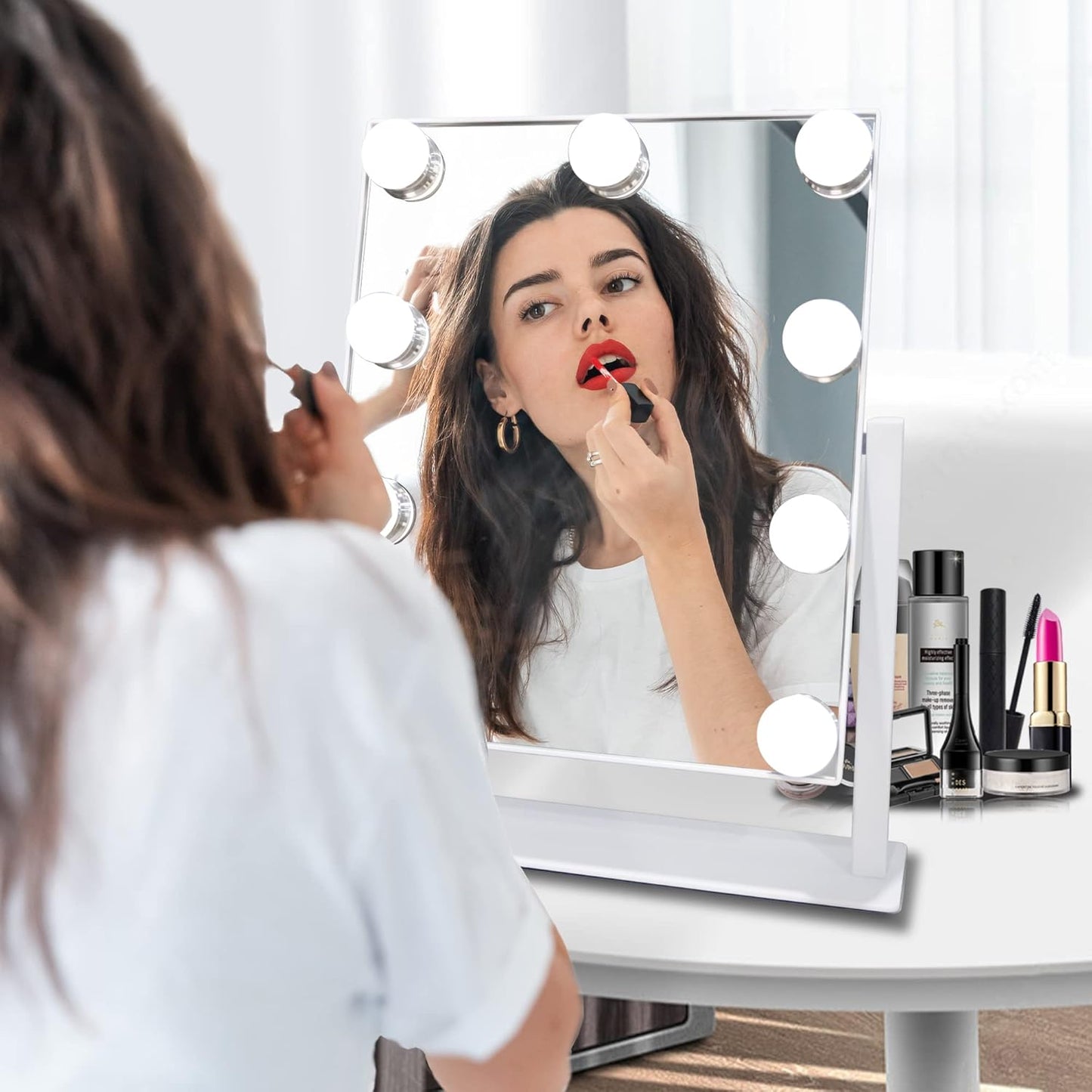 Hollywood Vanity Mirror with Lights, 9 Dimmable LED Bulbs Lighted Makeup Mirror with Detachable 10X Magnification Mirror, 1200mAh Rechargeable, 3 Color Lights, Gifts for Women Mom Teen Girls