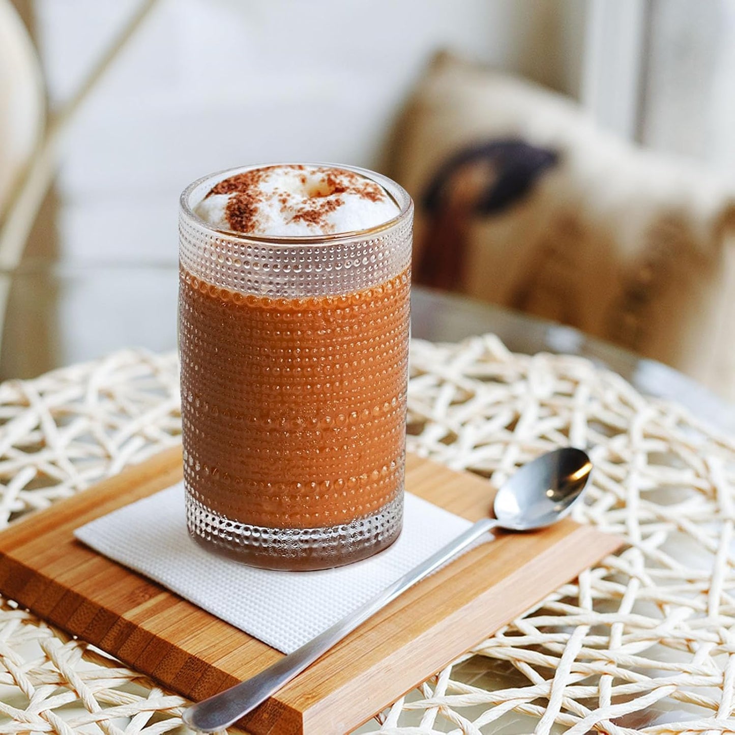 15 Oz Glass Cups with Lids and Straws, Vintage Embossed Glassware for Whiskey Cocktail Beer, Iced Coffee Cup with Lid (4 PACK)