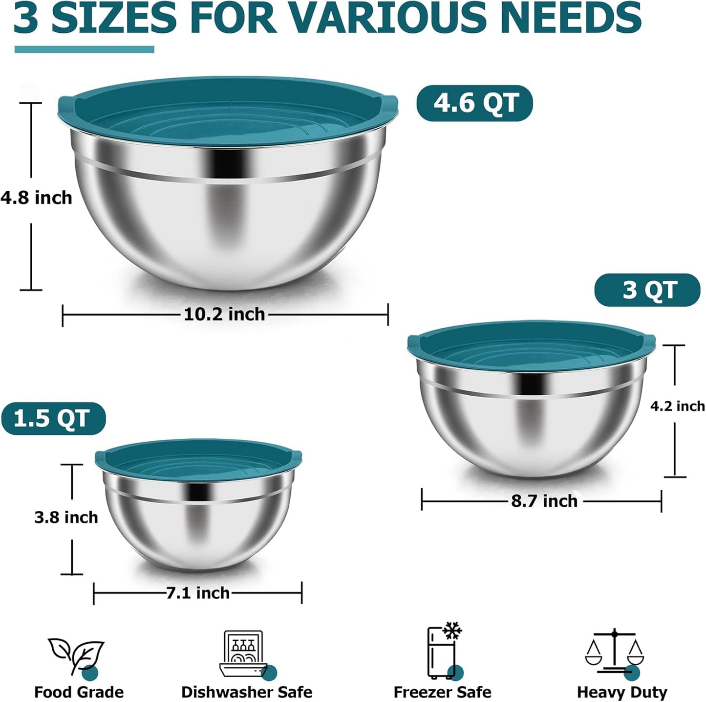TeamFar Mixing Bowls, Stainless Steel Nesting Salad Bowls with Airtight Lids Set, For Serving/Mixing/Storing, Healthy & Heavy-duty, Dishwasher Safe & Easy Clean, 4.6/3 / 1.5 QT, Navy Blue