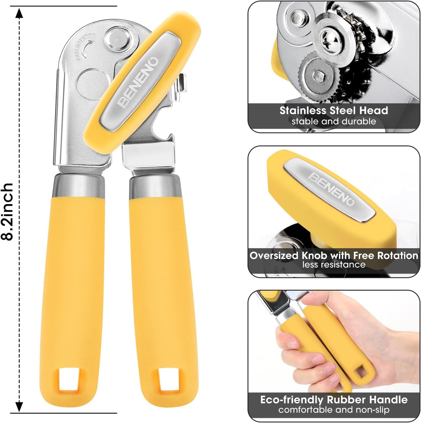 Beneno Can Opener Manual with Magnet, Hand Held Heavy Duty Can Opener with Durable Sharp Blade Smooth Edge, Big Effort-Saving Knob, Soft Grip Rubber Handle, Multifunctional Bottle Opener, Yellow