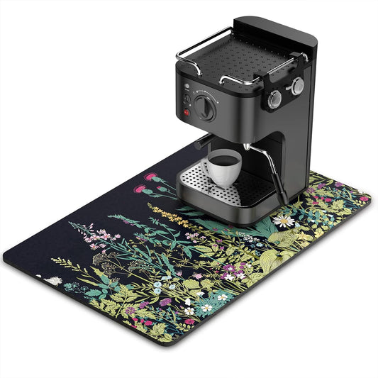 Rnivvi Coffee Mat, 16" x 24" Cute Flower Theme Coffee Bar Mats for Espresso Machine Station Accessories and Organizer, Hide Stain Rubber Backed Absorbent Dish Drying Pad for Kitchen Counter, Black