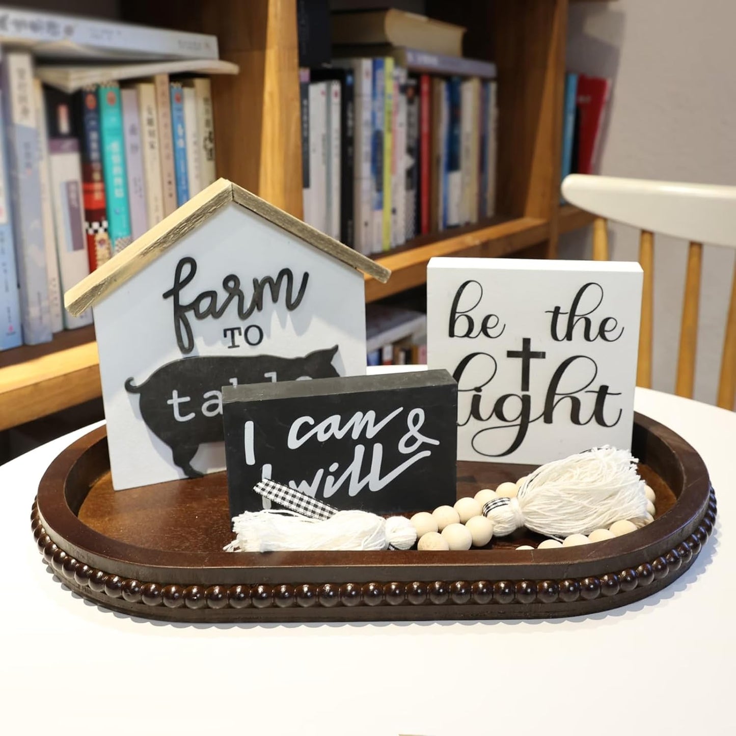 Oval Wood Decorative Tray with Wooden Beads, Vintage Serving Platter Tray for Ottoman, Coffee Table, Entertaining, Kitchen Counter Organizer, Home Decor (Retro Brown)