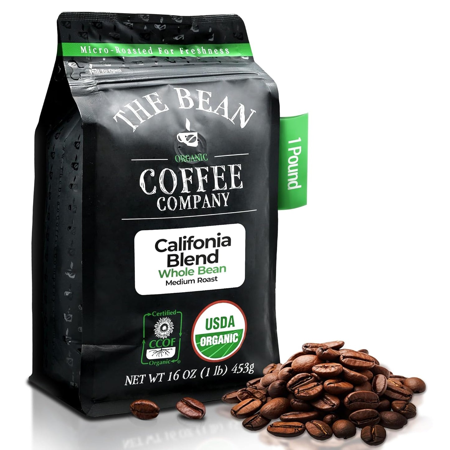 The Bean Organic Coffee Company California Blend, Medium Roast, Whole Bean Coffee, 16-Ounce Bag