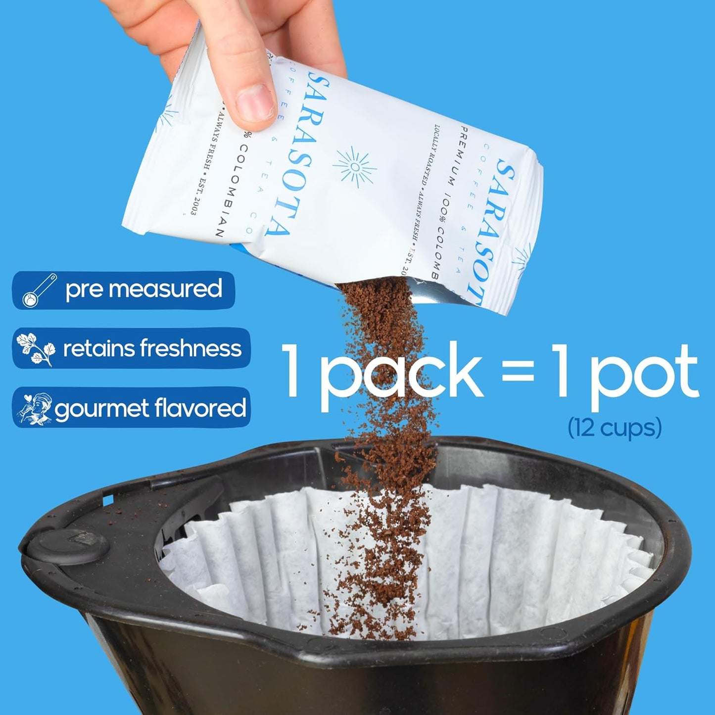 Sarasota Coffee Ground Packets | Gourmet Colombian Medium Roast Ground Coffee Packs | Columbian | Low Acid Mold Free Individual Single Pot Pouches for 12 Cup Coffee Maker | 2 Ounce Bags, 12 Count