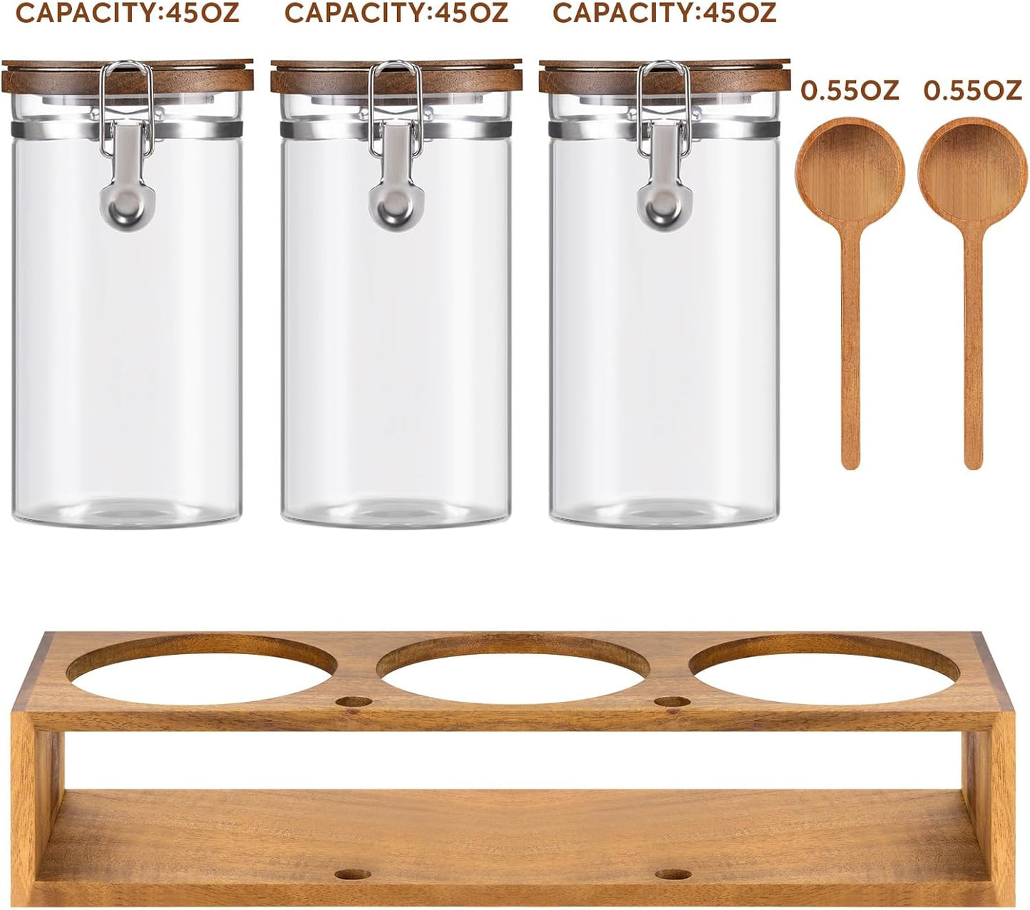 Yangbaga Glass Sugar Coffee Canister with Shelf, 3 x 45OZ Coffee Bean Containers Storage Station Organizer with Airtight Locking Clamp and Log Coffee Scoop, Food Storage Canisters Sets for Kitchen