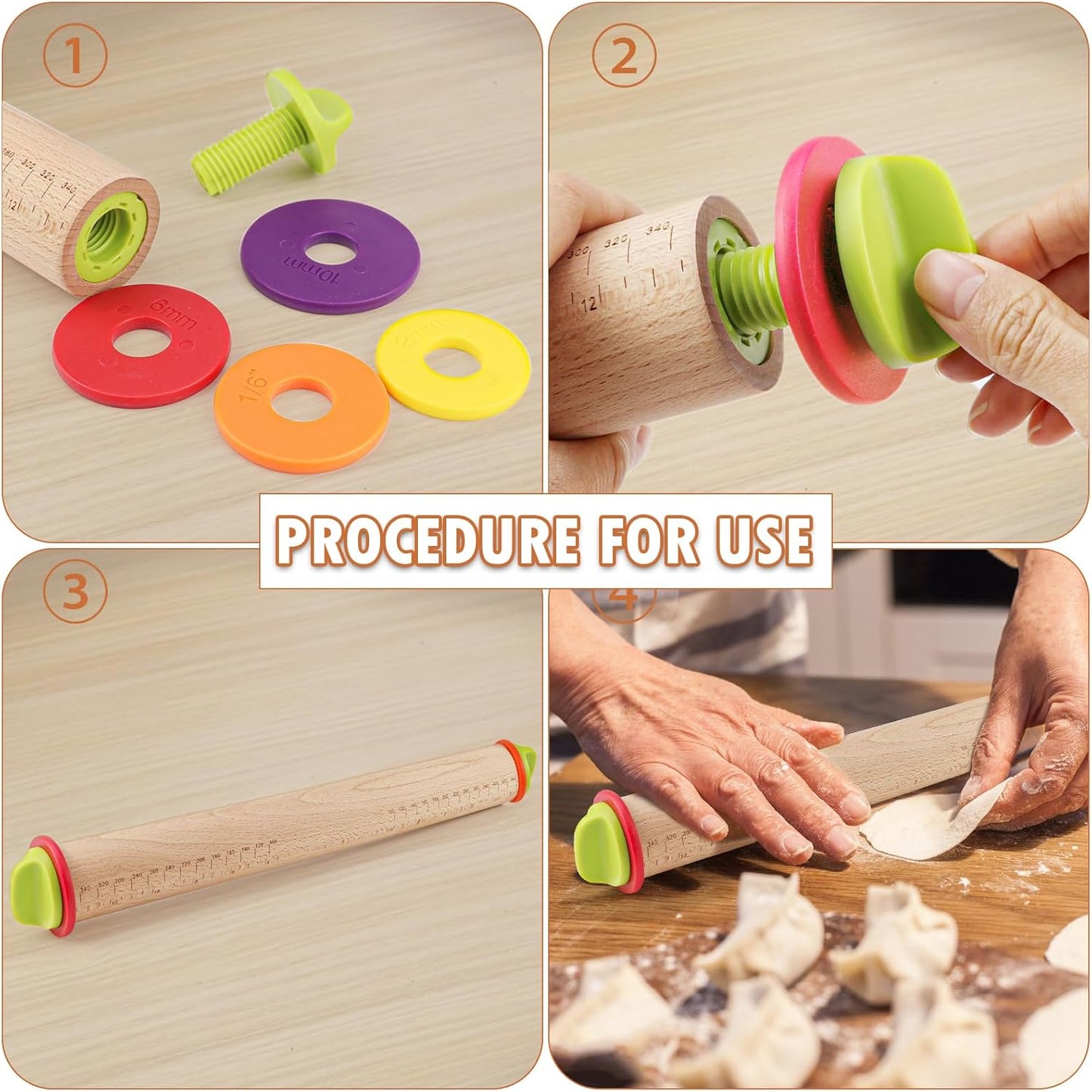 17Inch Wooden Rolling Pin, Rolling Pin with 4 Adjustable Thickness Ring, Graduated Rolling Pin for Baking, Fondant, Pizza, Crust, Cookies, Pastry