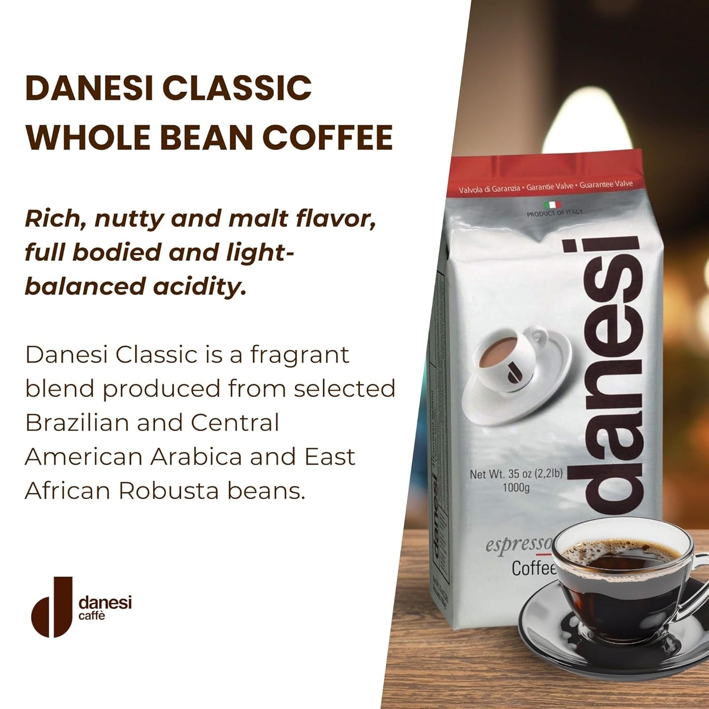 Danesi Caffe Italian Whole Coffee Beans - Espresso Coffee Beans and Medium Roast Whole Bean - Classic (4.4 lb)