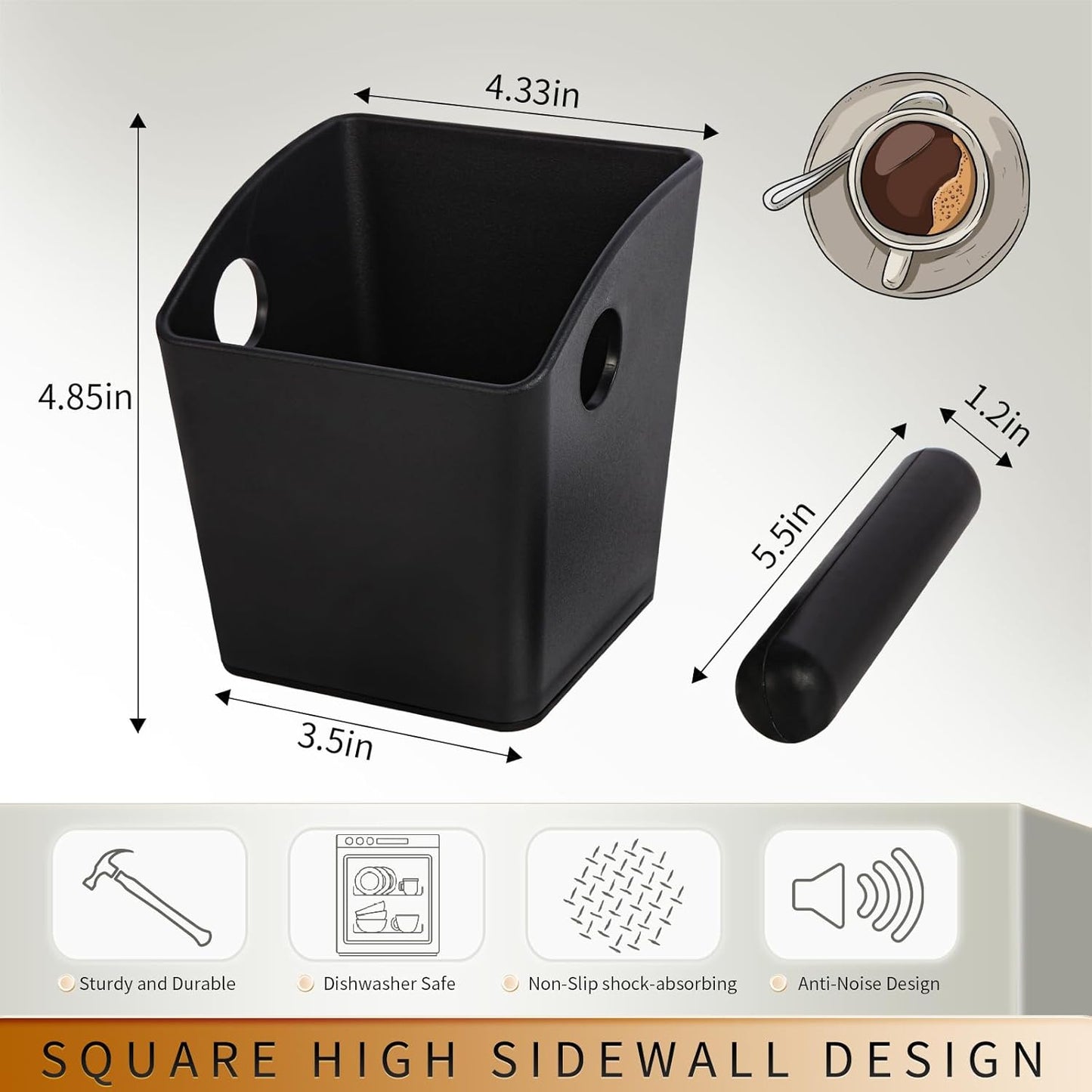 Knock Box Square High Sidewall Design Espresso Knock Box Shock-absorbent Knock Box Espresso with Removable Knock Bar and Non-Slip Base Espresso Accessories for Home/Office