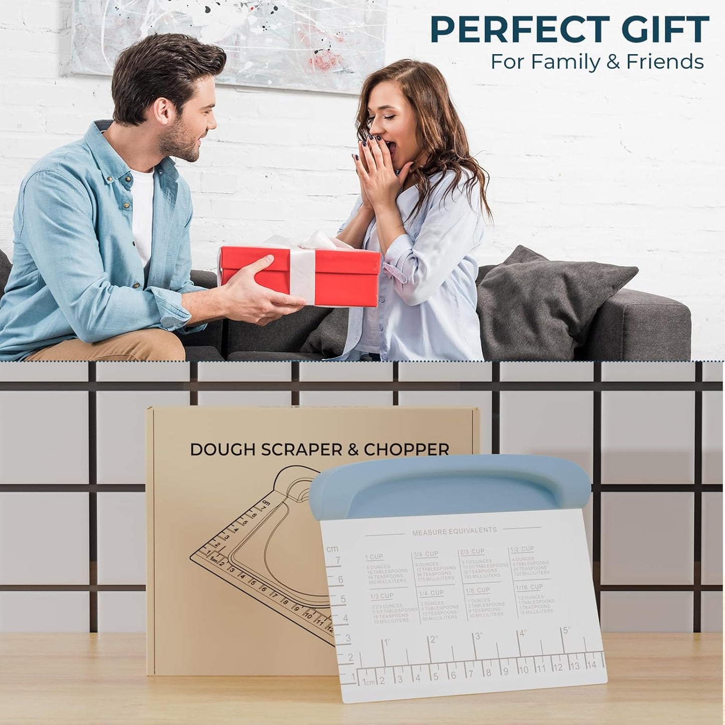 Bench Scraper Dough Cutter Tool - Pastry Scraper for Bread Cake Pizza, Bench Knife Kitchen Dough Scraper for Baking, Stainless Steel Food Scraper with Grip Handles & Measuring Scale, Blue