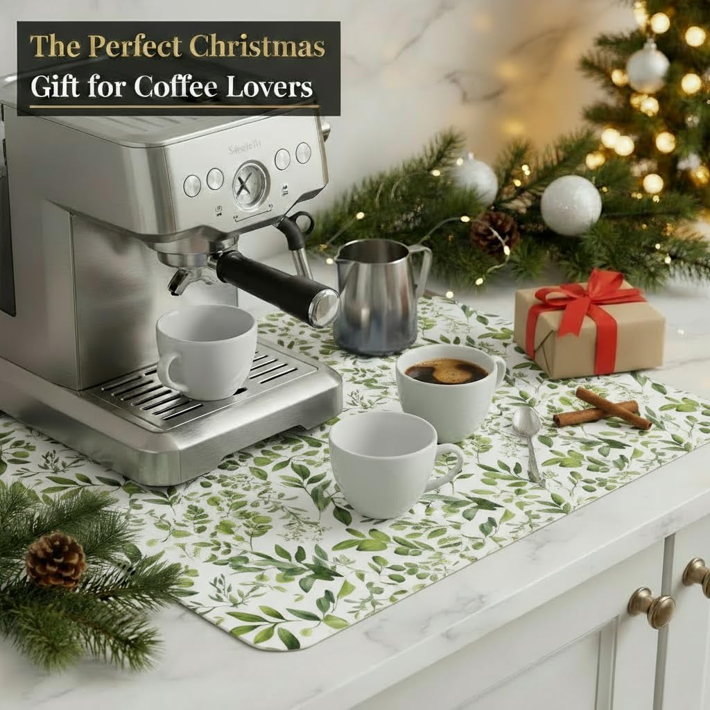 Dish Drying Mat Super Absorbent – 16" x 18" Coffee Mat for Countertops – Non-Slip Drying Mat for Kitchen Counter – Easy to Clean Water Absorbent Mat – Quick Dry Dish Mats (Green Leaves)