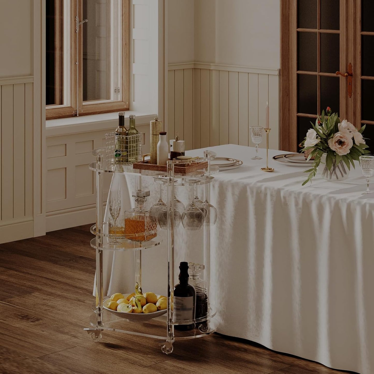 HMYHUM Acrylic Bar Cart with 4 Lockable Wheels, Clear Home Beverage Cart with Glass Holder, 3-Tier Rolling Serving Cart for Kitchen, Dining Room, Modern, Oval, 15''D x 23.6''W x 32.3''H