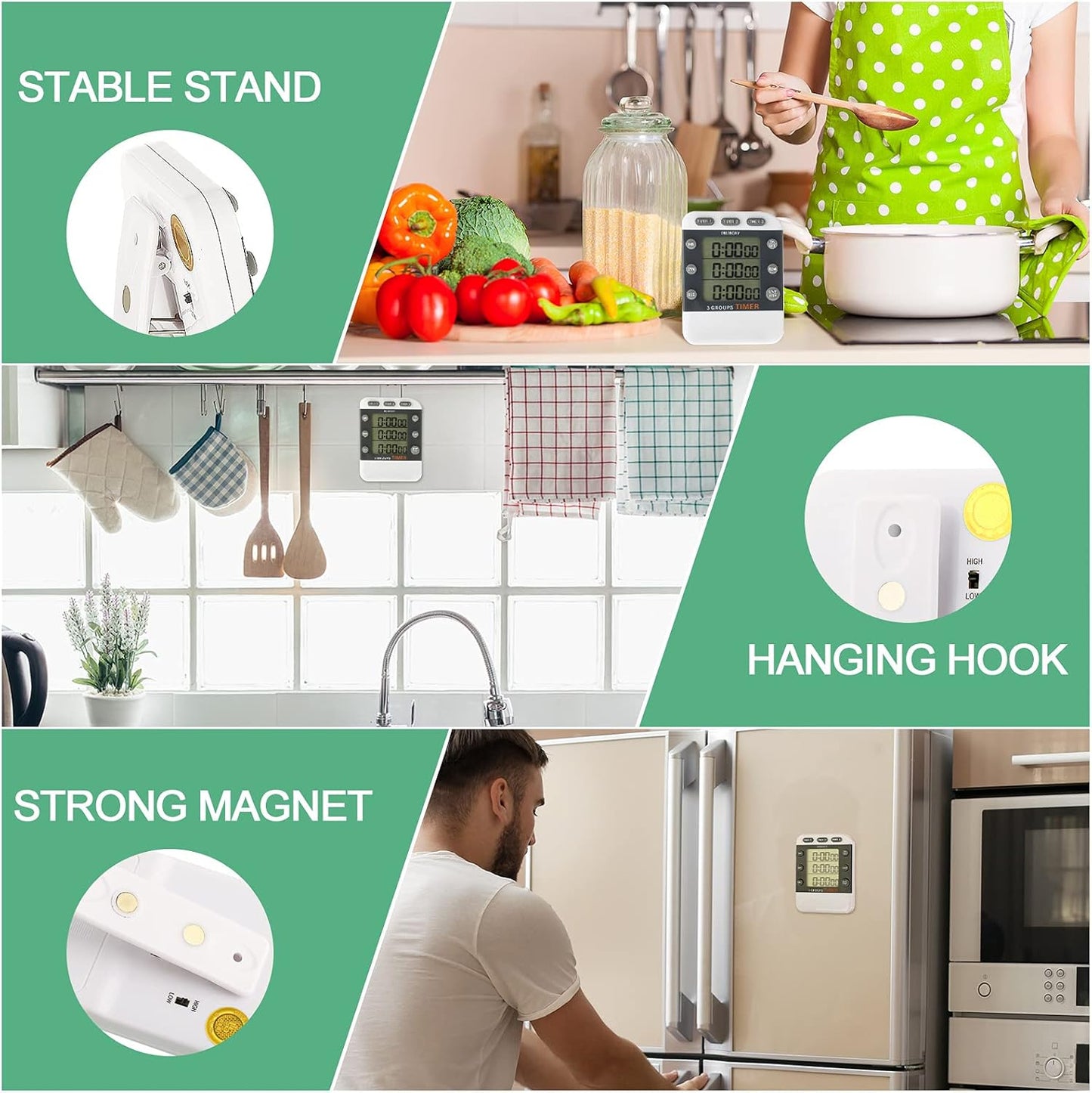 Photect 2-Piece Digital Dual Kitchen Timer, 3 Channels, Count UP/Down, Cooking Timer with Magnetic Back, Loud Alarm, Large Display, Countdown Hour Meter for Cooking, Classroom, Kids, Teacher, Study