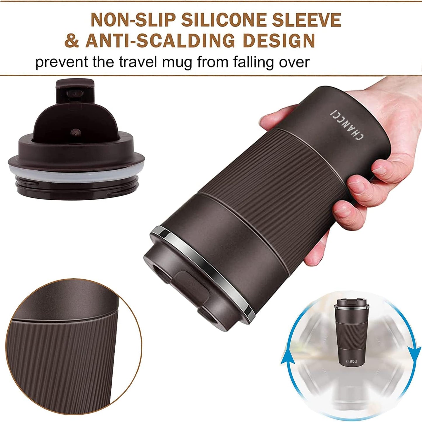 Travel Coffee Mug Spill Proof Leakproof 16 oz Insulated Coffee Mug with Screw Lid, Stainless Steel Vacuum Tumbler Reusable Thermal Coffee Cup to go for Hot and Cold Drinks -510ml, Brown