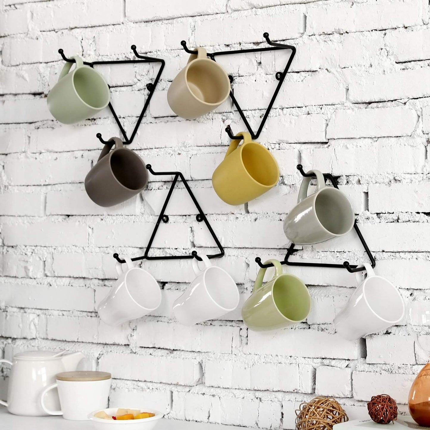 MyGift Matte Black Metal Triangular Coffee Mug Holder Wall Mount Display Rack Mug Organizer with 3 Hooks, Set of 4