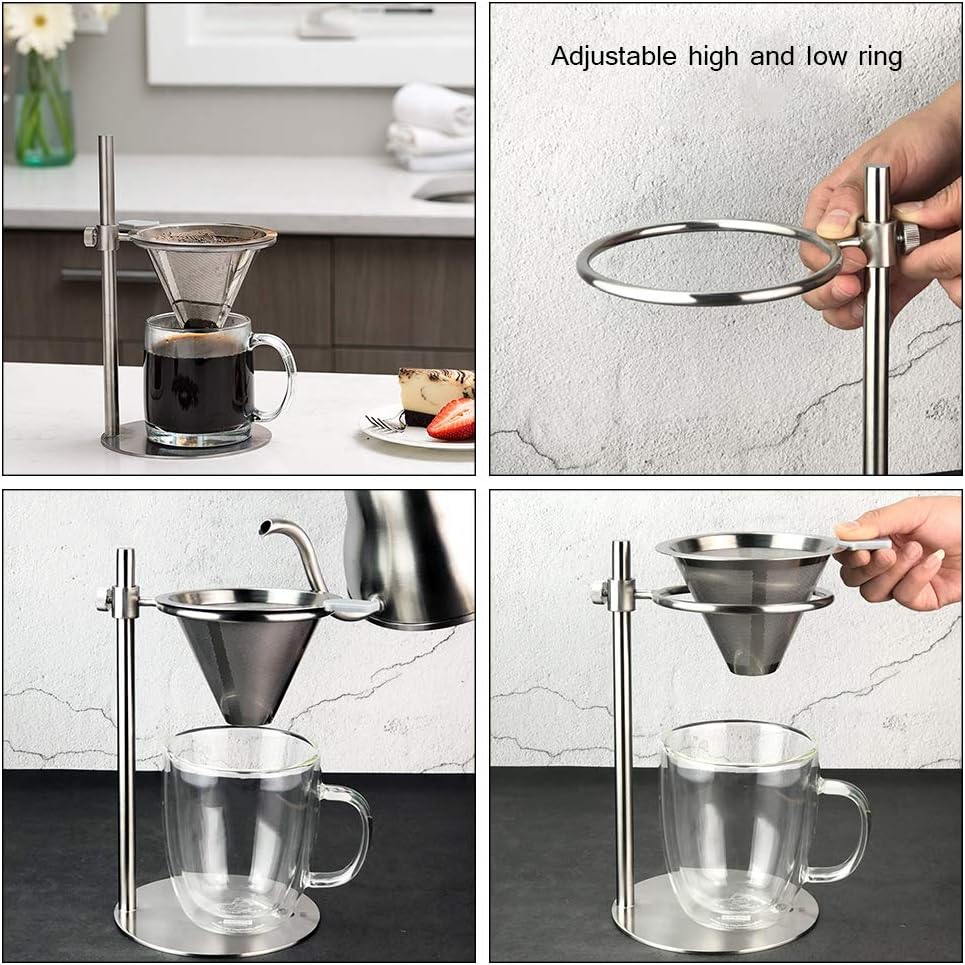 Stainless Steel Adjustable Pour Over Coffee Maker, Adjustable Stand, Double Layer Filter, Freestanding Drip Cone Brewer and Stand, Make Coffee Directly into Mug, Cup or