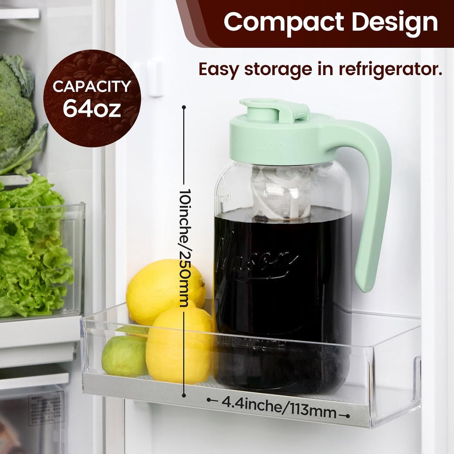 Cold Brew Coffee Maker Glass, Airtight & Leakproof Mason Jar Pitcher with Cold Brew Filter, 64 oz Glass Pitcher with Lid for Iced Coffee, Lemonade, Ice Tea